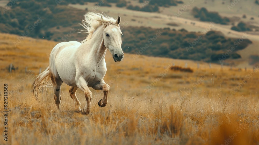 A white horse running freely through an open autumn meadow with rolling hills in the background. A white horse running freely through an open autumn meadow with rolling hills in the background.