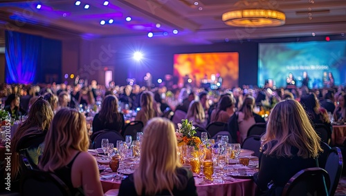Guests seated at a formal dinner event. photo