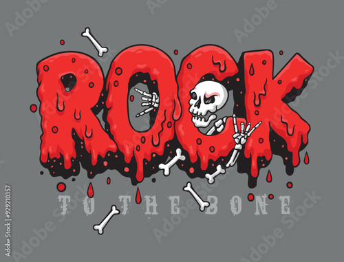 Stylized lettering illustration simulating liquid dripping with a cartoon-style skull. Art alluding to Rock and Roll.