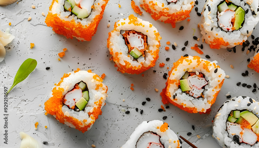 Flat lay composition with delicious sushi rolls on light grey table Flat lay composition with delicious sushi rolls on light grey table