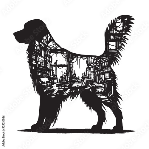 silhouette of Retriever, filled with destroyed futuristic dystopia environment in rough drawing,