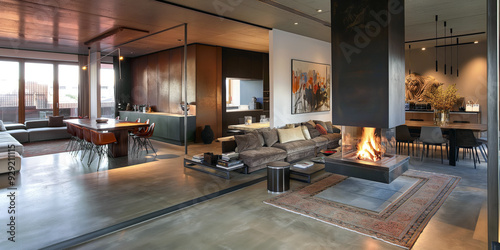 Stylish open-plan living space featuring a double-sided fireplace that separates the dining area from the lounge, with a chic, industrial design.