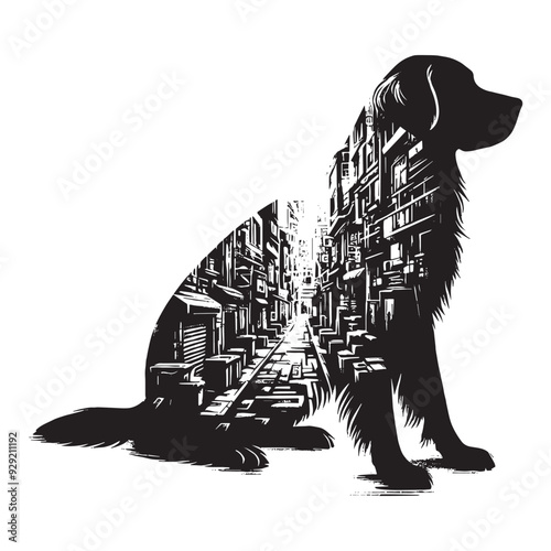 silhouette of Retriever, filled with ghetto street in rough drawing,