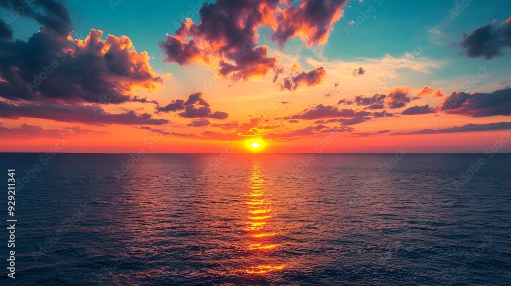 Fototapeta premium Breathtaking sunset over the captivating ocean horizon with vibrant colors painting the dramatic sky in shades of gold orange and pink A serene and peaceful coastal landscape scene