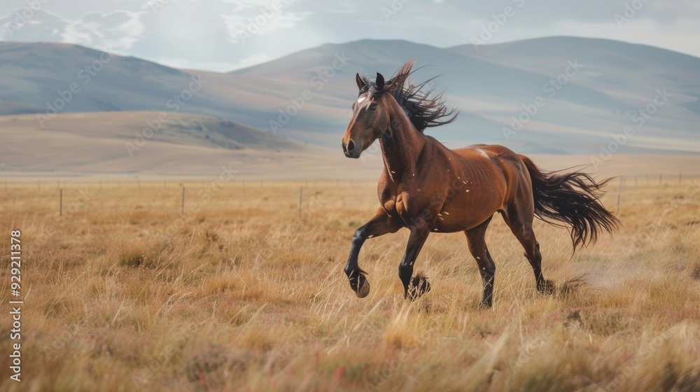 Fototapeta premium A wild horse strolls through golden fields during sunset, creating a serene and picturesque scene in an open landscape