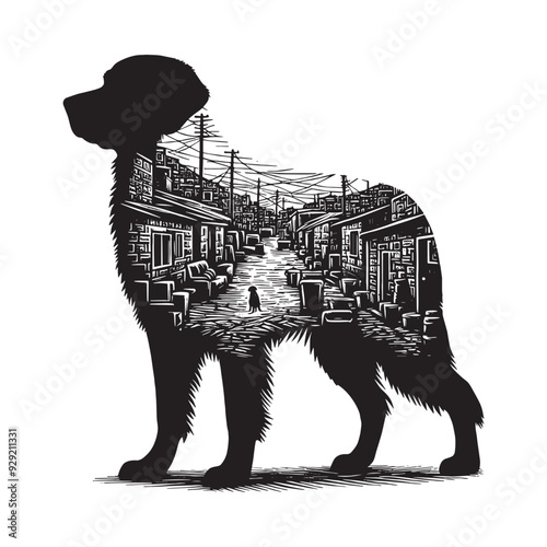 silhouette of Retriever, filled with ghetto street in rough drawing,
