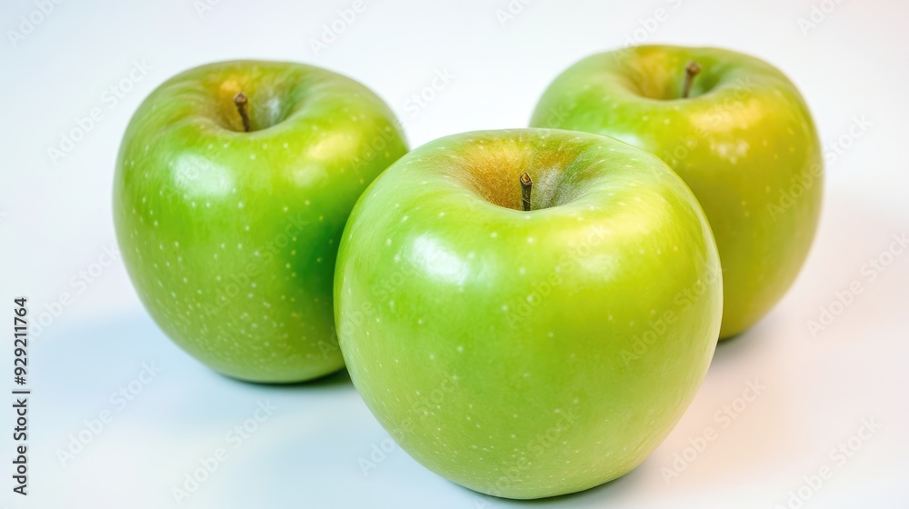 Three fresh green apples isolated on white background. Ripe sour fruits, natural organic healthy food Three fresh green apples isolated on white background. Ripe sour fruits, natural organic healthy food