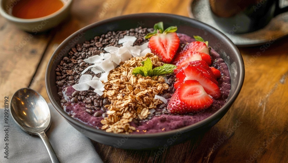 Acai bowl with strawberries, granola and coconut. Acai bowl with strawberries, granola and coconut.