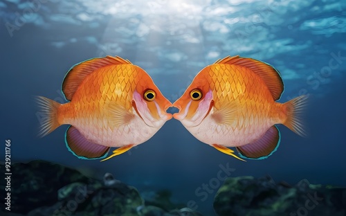 Elegant Fish Kissing with Glowing Scales in a Serene Underwater Scene