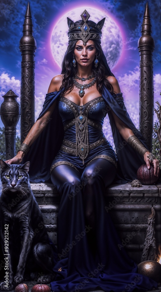 Fototapeta premium The High Priestess in a long blue dress, adorned with silver and blue gems, with a crown on her head, a black cat sitting next to her, a blue sky with white clouds and a full moon behind her, AI