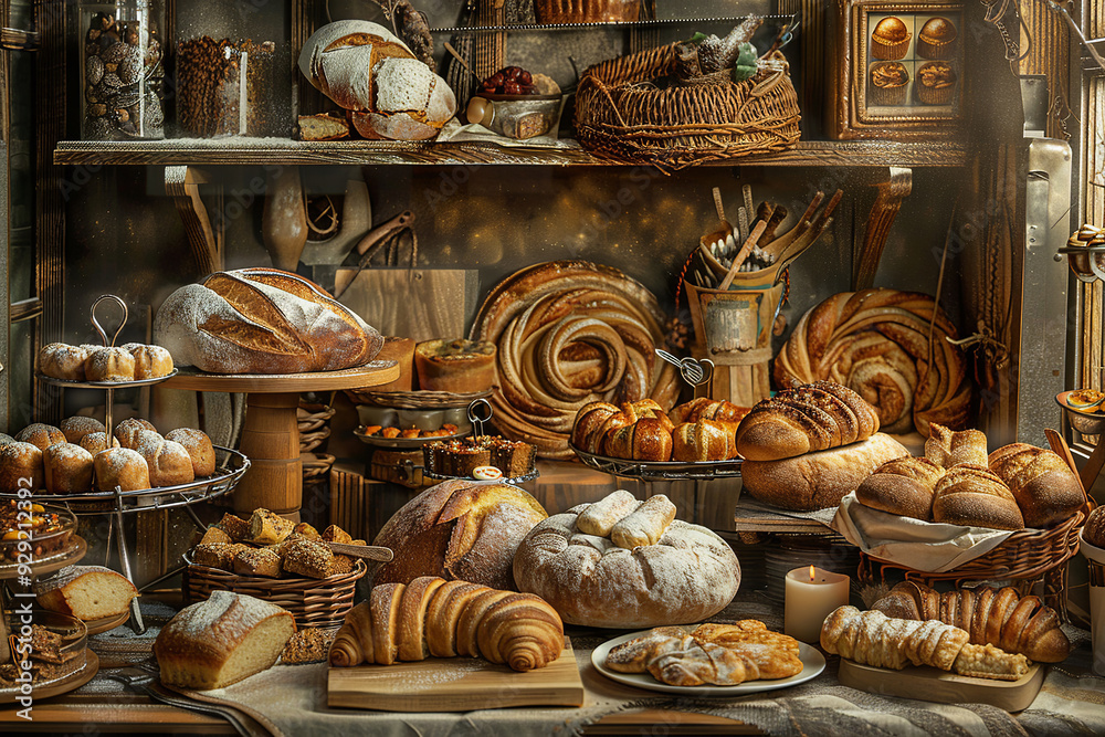Assortment of delicious pastries and breads on a tray for sale in a bakery. Close-up view of a row of various pastries in a bakery Assortment of delicious pastries and breads on a tray for sale in a bakery. Close-up view of a row of various pastries in a bakery