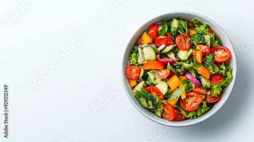 Salad with fresh summer vegetables top view on white background with copy space. Natural organic healthy vegetarian food