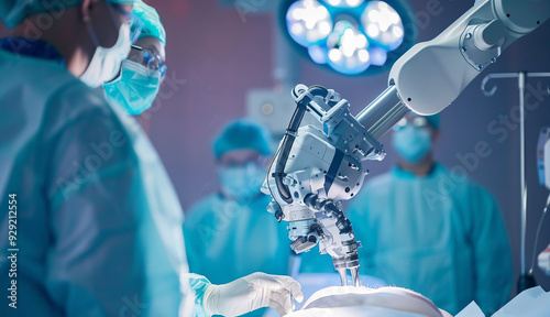 Heart Transplant Surgery Patient Laying On Surgical Table While Robot Arms. Doctors Looking At Vitals On Monitor