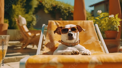 Jack russell terrier dog with sunglasses sunbathing on sun lounger Generative AI photo