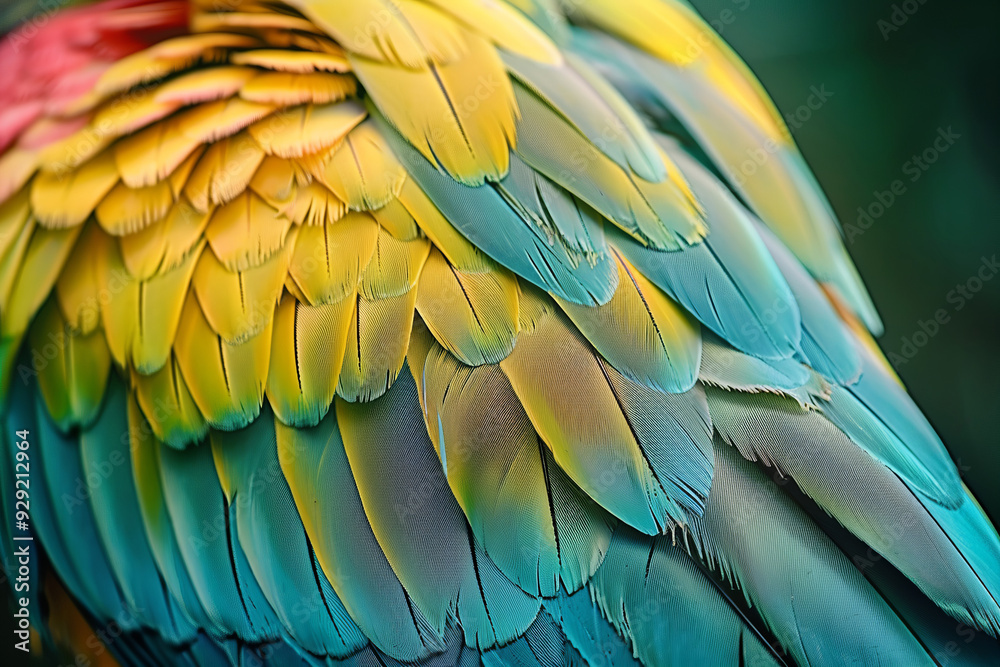 Fototapeta premium Exquisite feather textures of a vibrant bird in close-up. Multicolored feather pigeon macro photo. texture or background.