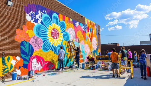 Artists paint a floral mural on a brick wall.
