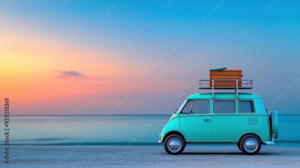 A retro van parked by the serene beach at sunset, evoking feelings of adventure and relaxation by the ocean. A retro van parked by the serene beach at sunset, evoking feelings of adventure and relaxation by the ocean.