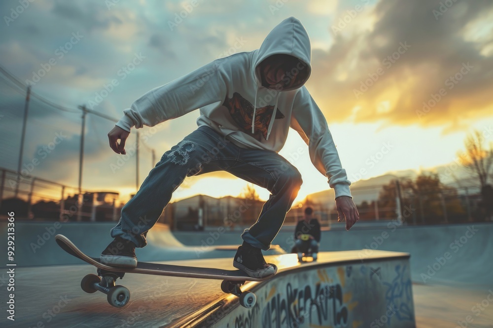 A person on a skateboard rides up the side of a skatepark ramp, capturing action and movement