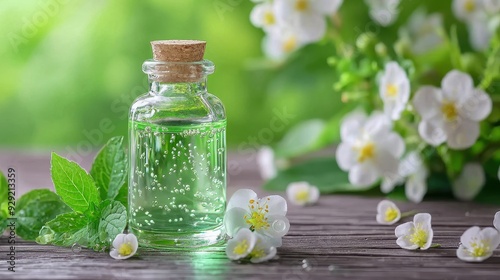 A serene composition featuring a glass bottle of green liquid surrounded by fresh flowers and leaves, ideal for wellness themes.