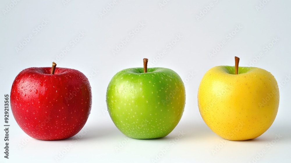 Ripe fresh colorful apples with drops of water. Red, green and yellow fruits isolated on white background Ripe fresh colorful apples with drops of water. Red, green and yellow fruits isolated on white background