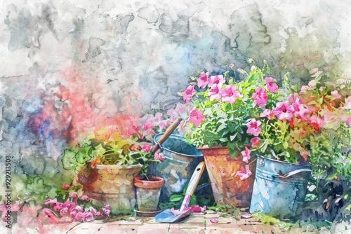 Fototapeta Naklejka Na Ścianę i Meble -  Botanical Garden. Spring Gardening with Watercolor Flowers in Bloom