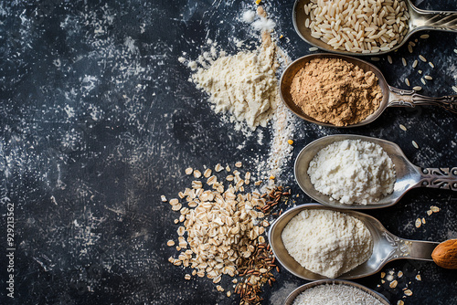 Spoons with different types of flour on gray background. Gluten free concept.