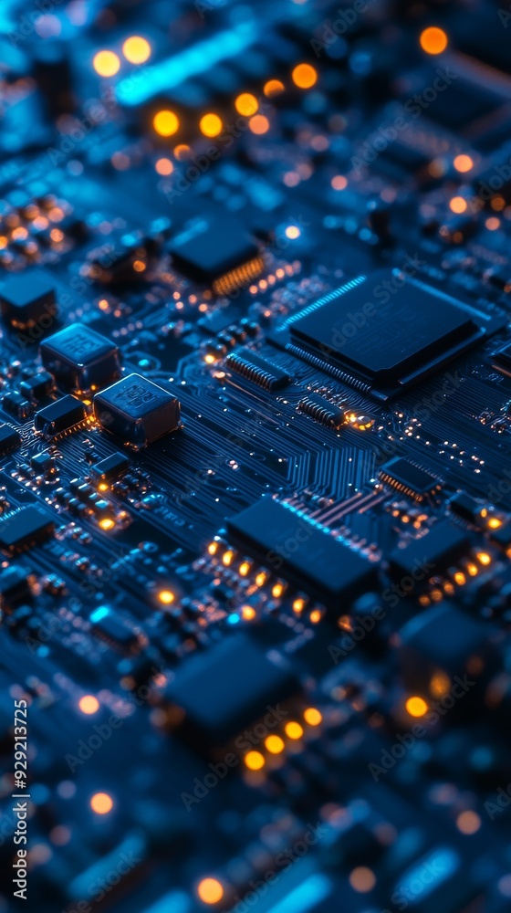 Electronic circuit board showing transistors and capacitors with led lights glowing Electronic circuit board showing transistors and capacitors with led lights glowing