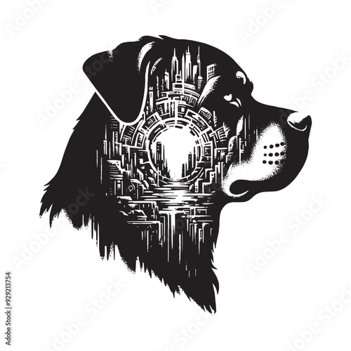 silhouette of Rottweiler, filled with destroyed futuristic dystopia environment in rough drawing,