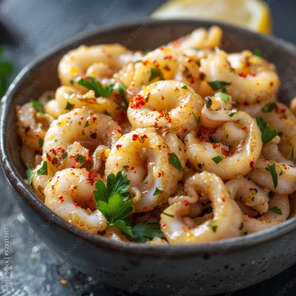 Spicy Garlic Butter Calamari Rings with Parsley Lemon Served as Appetizer Close up in Grey bowl Spicy Garlic Butter Calamari Rings with Parsley Lemon Served as Appetizer Close up in Grey bowl