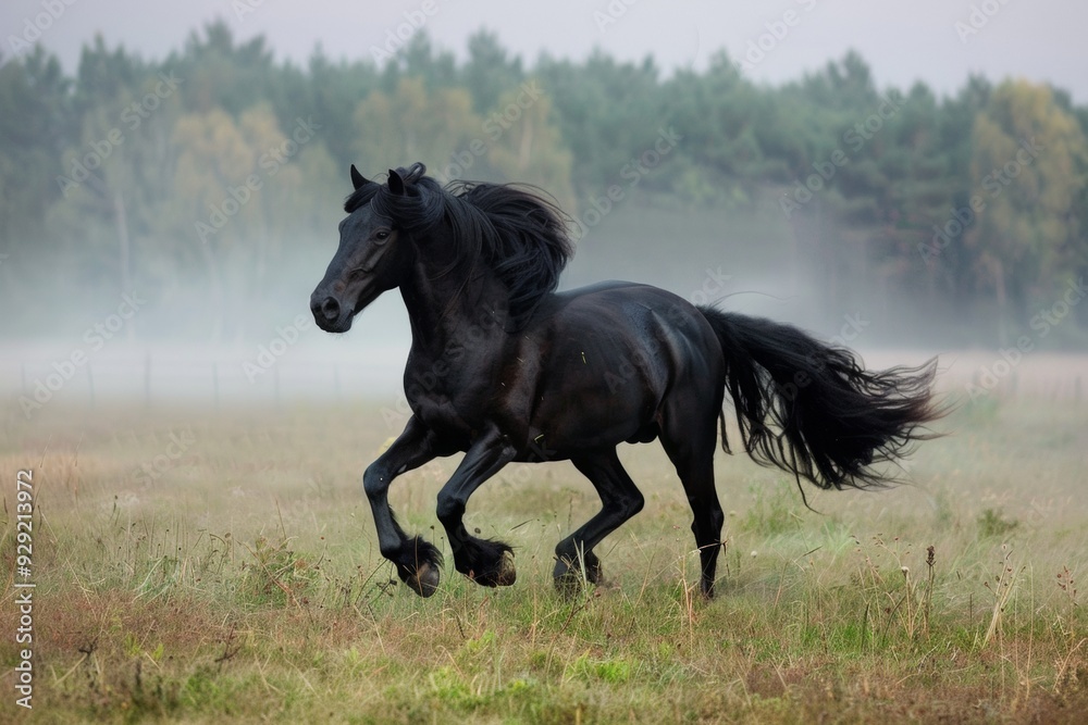 A majestic black horse gallops through a misty field, capturing the essence of strength, elegance, and freedom in nature. A majestic black horse gallops through a misty field, capturing the essence of strength, elegance, and freedom in nature.