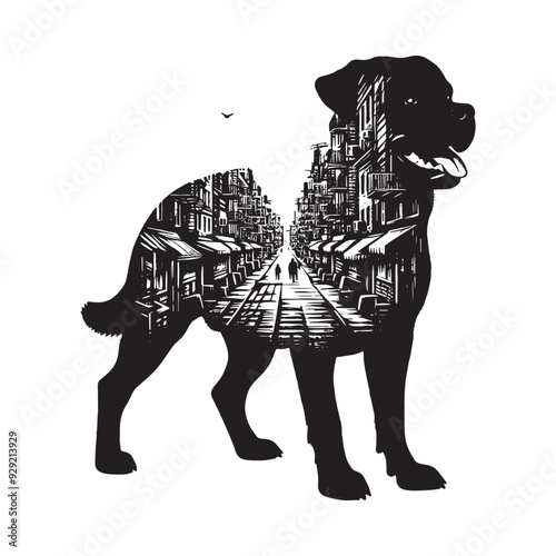 silhouette of Rottweiler, filled with ghetto street in rough drawing,