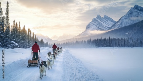 Dog sledding in snowy mountain landscape.