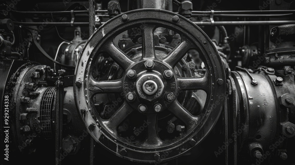 Fototapeta premium Antique mechanical combustion engine farm tractor vent in monochrome