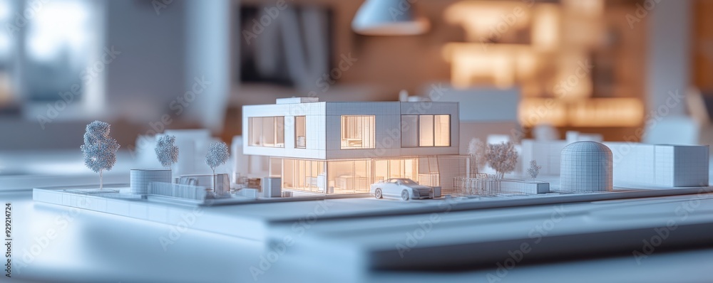 Elegant architectural model of a modern house with detailed features, illuminated, set in a minimalistic environment. Elegant architectural model of a modern house with detailed features, illuminated, set in a minimalistic environment.