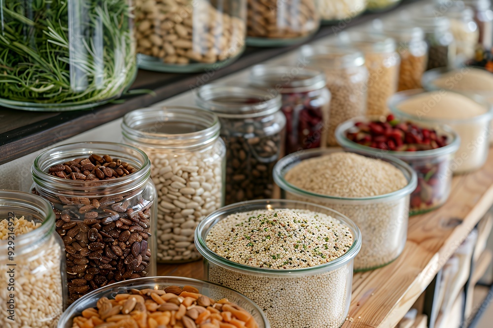 A display of various grains, seeds, and legumes in glass jars for easy access and organization. A display of various grains, seeds, and legumes in glass jars for easy access and organization.