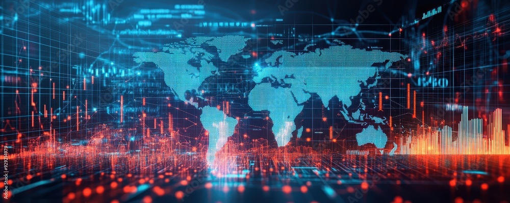 Fototapeta premium Futuristic digital world map with data visualization and glowing lines on dark background, highlighting technological advancements and connectivity.