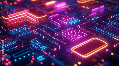 Futuristic neon circuit board with vibrant lights and intricate design, showcasing advanced technology and innovation.