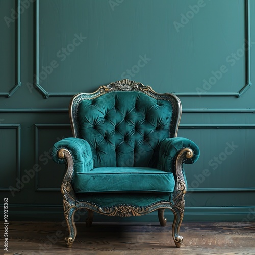 Beautiful luxury classic blue green clean interior room in classic style with green soft armchair. Vintage antique blue-green chair standing beside emerald wall. Minimalist home.