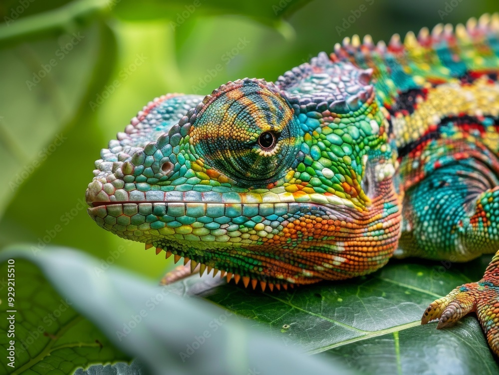 Fototapeta premium A colorful chameleon rests on a leaf, displaying its vibrant, textured scales in a lush, green natural environment.