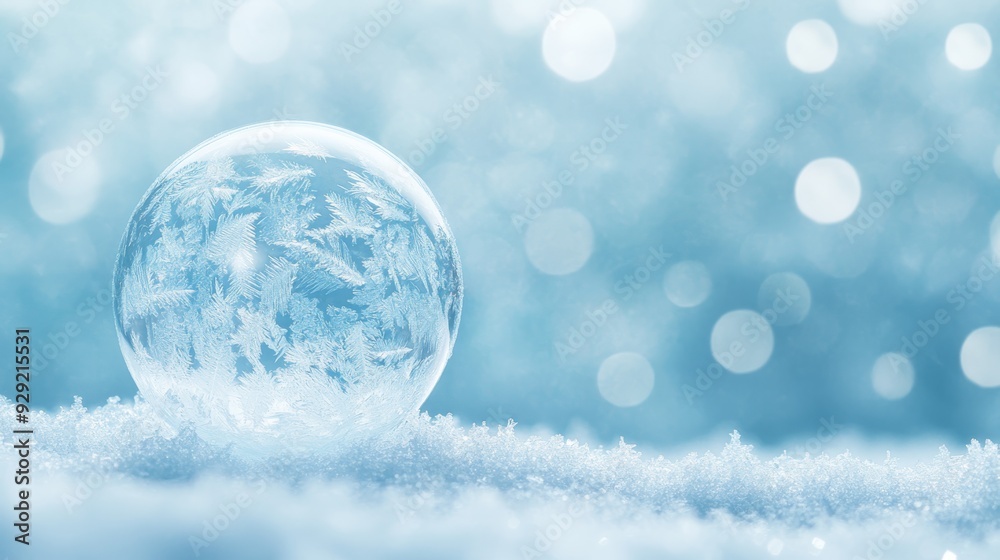 Delicate Frozen Soap Bubble with Ice Crystal Patterns on Snowy Background Delicate Frozen Soap Bubble with Ice Crystal Patterns on Snowy Background