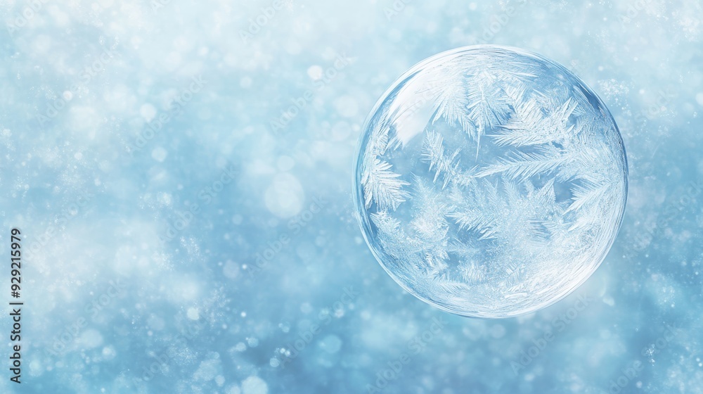 Delicate Frozen Soap Bubble with Ice Crystal Patterns on Snowy Background Delicate Frozen Soap Bubble with Ice Crystal Patterns on Snowy Background