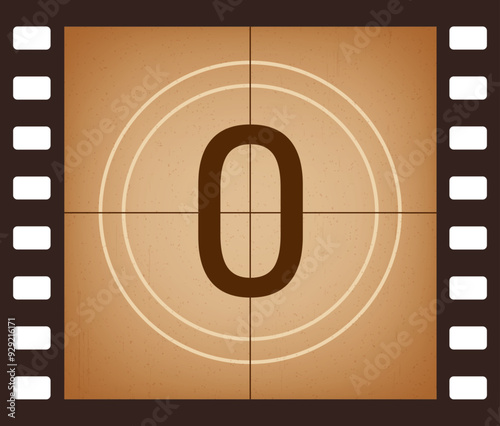 Zero countdown in retro movie frame. Film strip