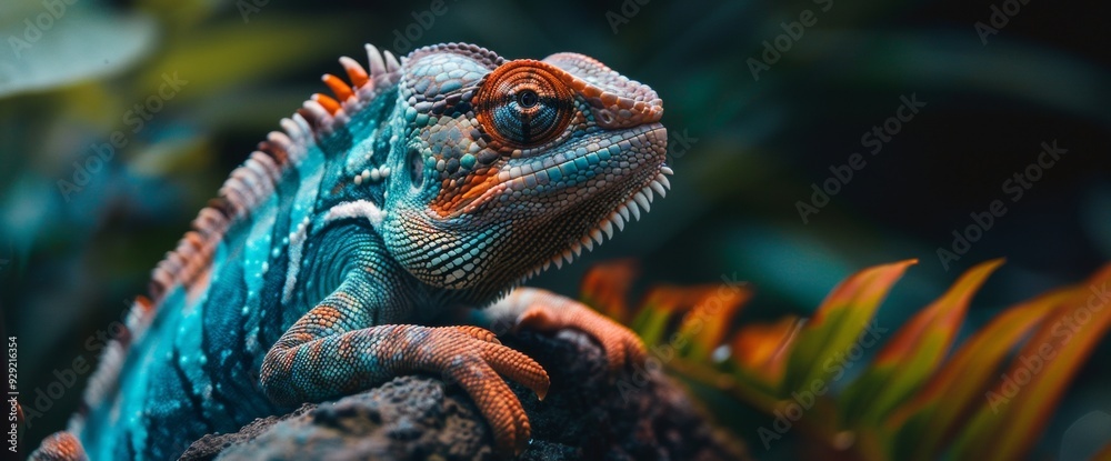 Obraz premium A vibrant chameleon with striking scales rests on a branch, set against a dark, moody jungle backdrop with colorful foliage. Wide web banner.