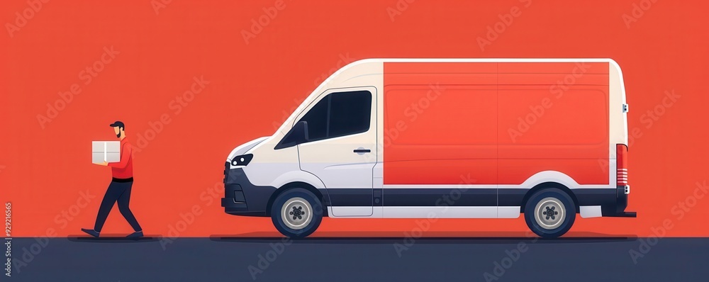 Delivery van, driver handling package, flat design illustration Delivery van, driver handling package, flat design illustration