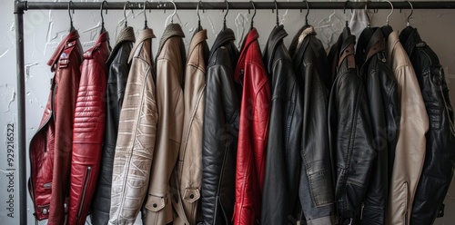 Closeup of a rack of leather jackets. Concept Fashion, Leather Jackets, Closeup Shot. various vintage suede leather and jeans jackets on hanger rack in a used goods store