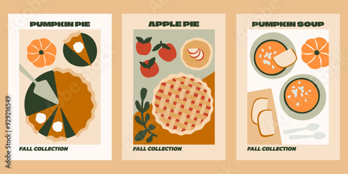 Fall kitchen vector poster set. Autumn dishes prints. Pumpkin pie, apple pie, pumpkin soup