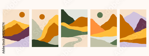 Fall landscapes vector illustrations set. Autumn mountains scenery print. Outdoor simple abstarct graphic