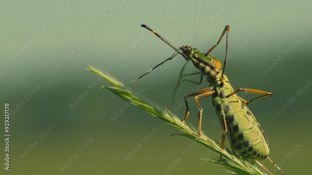 Close up of vibrant green bug on grass stem Close up of vibrant green bug on grass stem