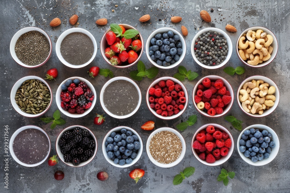 A selection of fresh fruits and nuts displayed on a table A selection of fresh fruits and nuts displayed on a table