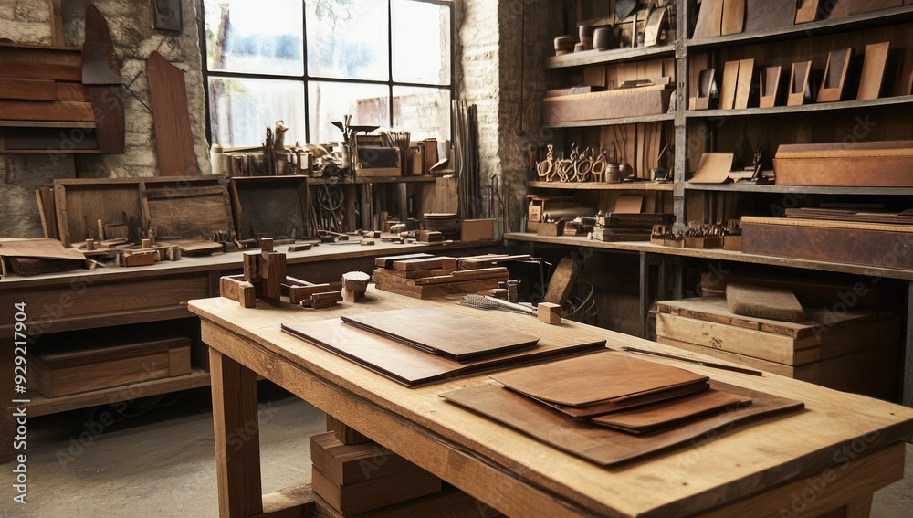 Wooden workshop with tools and leather pieces. Wooden workshop with tools and leather pieces.